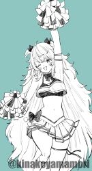 Rule 34 | 1girl, :d, arm up, blush, bow, bowtie, breasts, cheerleader, crop top, goddess of victory: nikke, greyscale, hair ribbon, highres, long hair, monochrome, navel, official alternate costume, one eye closed, open mouth, poli (cheer up police) (nikke), poli (nikke), pom pom (cheerleading), ribbon, short twintails, sidelocks, skirt, small breasts, smile, socks, solo, sports bra, twintails, twitter username, very long hair, wavy hair, yamamori kinako