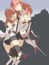 Rule 34 | ajiyama, breasts, breasts out, celica (fire emblem), corruption, dark persona, earrings, fire emblem, fire emblem echoes: shadows of valentia, fire emblem gaiden, highres, jewelry, nintendo, possessed, possession, pulling another&#039;s clothes, red hair, selfcest, sword, thighs, tongue, tongue out, weapon