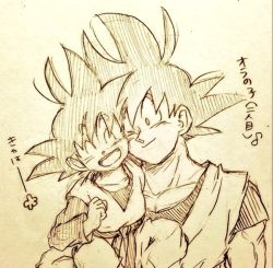 Rule 34 | 2boys, ;), carrying, child, clenched hand, closed eyes, dougi, dragon ball, dragonball z, father and son, flower, happy, heads together, looking at another, male focus, monochrome, multiple boys, musical note, one eye closed, open mouth, quaver, simple background, smile, son goku, son goten, spiked hair, tkgsize, traditional media, translated