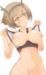 Rule 34 | 10s, 1girl, absurdres, arykei, breasts, brown hair, censored, female pubic hair, frown, green eyes, highres, inverted nipples, kantai collection, large breasts, mutsu (kancolle), navel, nipples, pubic hair, puffy nipples, pussy, revision, short hair, simple background, solo, white background