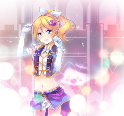 Rule 34 | 10s, 1girl, anchor hair ornament, ayase eli, blonde hair, blue eyes, cowboy shot, dancing stars on me!, elbow gloves, ghost, gloves, hair ornament, love live!, love live! school idol project, navel, ponytail, shinia, smile, solo, sparkle, white gloves