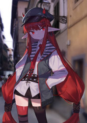 Rule 34 | 1girl, absurdres, arknights, asymmetrical legwear, black skirt, black thighhighs, blurry, blurry background, blush, closed mouth, demon horns, demon tail, hair ornament, hairclip, hands in pockets, hat, highres, horns, horns through headwear, jacket, long hair, mismatched legwear, necktie, outdoors, pointy ears, red eyes, red hair, red necktie, red thighhighs, sb lama, skirt, solo, standing, striped, tail, thighhighs, twintails, very long hair, vigna (arknights)