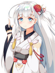 Rule 34 | 1girl, ahoge, azur lane, black gloves, blue eyes, blush, breasts, closed mouth, dress, gloves, gold trim, hair behind ear, hair ornament, japanese clothes, kanzashi, kimono, long hair, looking at viewer, medium breasts, mole, mole under eye, one side up, partially fingerless gloves, petals, pointing, pointing up, rururiaru, shoukaku (azur lane), silver hair, simple background, smile, standing, upper body, very long hair, white background, white kimono, wide sleeves