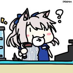 Rule 34 | 1girl, ?, animal ears, animated, animated gif, azur lane, baozi, cash register, cashier, convenience store, food, food in mouth, lowres, seseren, shop, siopao, store clerk, tail, yuudachi (azur lane)
