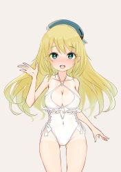 Rule 34 | 1girl, absurdres, atago (kancolle), bad id, bad twitter id, beret, blonde hair, blue hat, breasts, casual one-piece swimsuit, choker, cleavage, commentary request, cosplay, cowboy shot, frilled one-piece swimsuit, frilled swimsuit, frills, grey background, hat, highleg, highleg swimsuit, highres, kantai collection, large breasts, long hair, looking at viewer, neve (morris-minicooper), one-piece swimsuit, one-piece tan, sagiri (kancolle), sagiri (kancolle) (cosplay), side-tie swimsuit, simple background, smile, solo, swimsuit, tan, tanline, white choker, white one-piece swimsuit, ||/