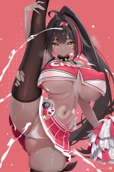 Rule 34 | abc art, absurdres, ahoge, ass, bay (nikke), black hair, black thighhighs, blush, breasts, brown eyes, cameltoe, cheerleader, closed mouth, collar, crop top, dark-skinned female, dark skin, facial tattoo, goddess of victory: nikke, hair intakes, hairband, highres, huge breasts, leg up, long hair, looking at viewer, mole, mole on stomach, mole under eye, mole under mouth, multicolored hair, covered erect nipples, panties, pom pom (cheerleading), ponytail, red hair, red shirt, red skirt, shirt, shoes, single thighhigh, skindentation, skirt, smile, sneakers, spiked collar, spikes, split, standing, standing on one leg, standing split, star-shaped pupils, star (symbol), star tattoo, streaked hair, sweat, symbol-shaped pupils, tattoo, thigh strap, thighhighs, torn clothes, torn thighhighs, underboob, underwear, white panties