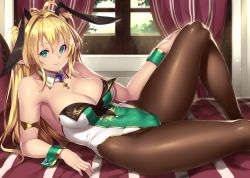 Rule 34 | 1girl, animal ears, blonde hair, breasts, couch, curvy, detached collar, elf, fake animal ears, female focus, fleur-de-lis, gem, green eyes, highres, houtengeki, jewelry, large breasts, long hair, looking at viewer, lying, on side, original, pantyhose, playboy bunny, pointy ears, rabbit ears, solo, thick thighs, thighs, twintails, wrist cuffs