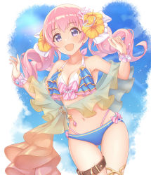 Rule 34 | 1girl, bare shoulders, bikini, blue bikini, blue sky, blush, breasts, cleavage, collarbone, flower, gatchapowa, hair flower, hair ornament, highres, large breasts, long hair, looking at viewer, navel, open mouth, pink hair, princess connect!, purple eyes, sky, smile, solo, swimsuit, thigh strap, thighs, tsumugi (princess connect!), tsumugi (summer) (princess connect!), twintails
