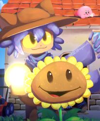 Rule 34 | 1boy, 2others, animal ears, blue hair, brown headwear, brown tunic, flower, grass, hat, highres, house, kirby, kirby (series), lawn, lawnmower, light bulb, multiple others, niko (oneshot), nintendo, oneshot (game), plants vs zombies, scarf, smile, sunflower (plants vs zombies), tagsc, tile roof, yellow eyes