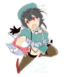 Rule 34 | 10s, 1girl, beret, black gloves, black hair, black thighhighs, blush, breasts, cannon, chibi, dandara (karakure), female focus, garter straps, gloves, hat, kantai collection, large breasts, looking at viewer, military, military uniform, open mouth, red eyes, short hair, simple background, solo, takao (kancolle), thighhighs, uniform