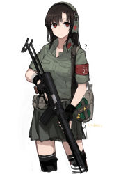 Rule 34 | 1girl, ?, absurdres, ammunition, ammunition pouch, armband, asymmetrical bangs, bag, black gloves, black hair, breast pocket, camouflage, camouflage shirt, camouflage skirt, canteen, closed mouth, cowboy shot, cropped legs, fingerless gloves, giraffe, girls&#039; frontline, gloves, green shirt, gun, headphones, headset, highres, holding, holding gun, holding weapon, integral suppressor, integrally-suppressed firearm, long hair, magazine (weapon), military, military uniform, pocket, pouch, rampart1028, red eyes, red star, shirt, short sleeves, simple background, skirt, solo, star (symbol), submachine gun, suppressor, thighhighs, translation request, trigger discipline, type 64 (girls&#039; frontline), type 64 smg, uniform, weapon, white background, zettai ryouiki