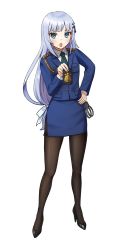Rule 34 | 1girl, :o, aqua necktie, black footwear, black pantyhose, blue eyes, blue jacket, blue skirt, blush, bow, collared shirt, cuffs, formal, full body, hair bow, hand on own hip, handcuffs, high heels, highres, holding, idolmaster, idolmaster million live!, jacket, long hair, long sleeves, looking at viewer, low-tied long hair, miniskirt, nail polish, necktie, pantyhose, pencil skirt, pink nails, police, police uniform, policewoman, pumps, ransol, shiraishi tsumugi, shirt, silver hair, simple background, skirt, skirt suit, solo, standing, suit, tachi-e, uniform, very long hair, white background, white bow, white shirt, wing collar