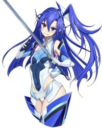 Rule 34 | 1girl, armored boots, blue eyes, blue hair, boots, breasts, closed mouth, covered navel, cropped legs, floating hair, gloves, high ponytail, highleg, highleg leotard, holding, holding sword, holding weapon, kazanari tsubasa, leotard, long hair, looking at viewer, senki zesshou symphogear, side ponytail, simple background, small breasts, smile, solo, standing, sword, thigh boots, thighhighs, tsukamoto kensuke, v-shaped eyebrows, very long hair, weapon, white background, white gloves
