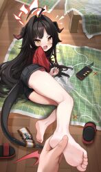 Rule 34 | 1girl, 1other, absurdres, ahoge, barefoot, black hair, black shorts, blue archive, blush, breasts, commentary, comodomodo, demon girl, demon horns, demon tail, english commentary, fang, feet, foot massage, full body, hair intakes, halo, highres, holding another&#039;s foot, horns, indoors, kasumi (blue archive), legs, long hair, looking at viewer, lying, on floor, on side, open mouth, pov, pov hands, red halo, red shirt, sandals, unworn sandals, shirt, short shorts, shorts, skin fang, small breasts, soles, tail, toes, yellow eyes