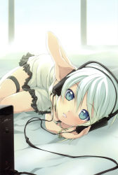 Rule 34 | 1girl, absurdres, amplifier, blue eyes, bracelet, downblouse, face, green eyes, hand on own ear, hand on own ear, headphones, highres, jewelry, listening to music, looking at viewer, lying, minamura haruki, on side, original, scan, short hair, solo, stax, thigh strap, white hair