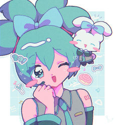Rule 34 | 1girl, aqua eyes, aqua necktie, black sleeves, blue bow, bow, cinnamiku, cinnamoroll, collared shirt, crossover, detached sleeves, ear bow, folded twintails, grey shirt, hair bow, hatsune miku, hoshi 25f, looking at viewer, matching outfits, necktie, number tattoo, one eye closed, sanrio, shirt, sleeveless, sleeveless shirt, tattoo, tied ears, updo, upper body, vocaloid