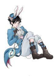 Rule 34 | 1boy, alice in wonderland, animal ears, bad id, bad pixiv id, black hair, boots, brown eyes, rabbit ears, rabbit tail, coat, cosplay, cross-laced footwear, gloves, hand to own mouth, hat, highres, katsuki yuuri, lace-up boots, male focus, mini hat, mini top hat, monocle, open mouth, pocket watch, saeko (artist), smile, tail, top hat, watch, white gloves, white rabbit (alice in wonderland), white rabbit (cosplay), yuri!!! on ice