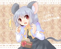 Rule 34 | 1girl, animal ears, blue hair, capelet, dress, female focus, gift, koza, kozakura (dictionary), mouse ears, mouse tail, nazrin, open mouth, red eyes, solo, ^^^, tail, touhou