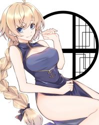 Rule 34 | 1girl, ahoge, bare legs, blonde hair, blue dress, blue eyes, bow, braid, braided ponytail, breasts, china dress, chinese clothes, cleavage, cleavage cutout, clothing cutout, collar, collared dress, dress, dress shirt, fate/apocrypha, fate/grand order, fate (series), hair between eyes, hair bow, jeanne d&#039;arc (fate), jeanne d&#039;arc (ruler) (fate), large breasts, legs together, long dress, long hair, looking at viewer, maru (pixiv51714255), ponytail, shiny clothes, shirt, side slit, sitting, sleeveless, sleeveless dress, smile, solo, thick thighs, thighs