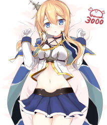 Rule 34 | 1girl, anchor, azur lane, blonde hair, blue eyes, blue skirt, blush, braid, breasts, capelet, collarbone, commentary request, cowboy shot, crop top, gloves, hair between eyes, halterneck, hands up, hat, kanitama, long hair, long sleeves, looking at viewer, lying, medium breasts, midriff, mini hat, navel, parted lips, pleated skirt, renown (azur lane), shirt, sidelocks, signature, skirt, solo, tareme, white gloves, white shirt