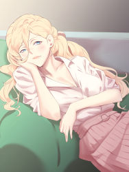 Rule 34 | arm support, blonde hair, blue eyes, breasts, cleavage, collared shirt, couch, hair between eyes, highres, kantai collection, long hair, medium breasts, mole, mole under eye, mole under mouth, open clothes, open shirt, pink shirt, pleated skirt, reclining, richelieu (kancolle), shingyou (alexander-13), shirt, skirt, solo, unbuttoned