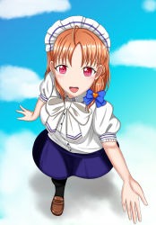 Rule 34 | 1girl, absurdres, artist name, artist request, blue bow, blue skirt, blue sky, blush, bow, breasts, brown footwear, cloud, collared dress, dress, female focus, hair bow, headdress, highres, looking at viewer, love live!, love live! sunshine!!, maid headdress, medium breasts, orange hair, outdoors, parted lips, puffy short sleeves, puffy sleeves, reaching, reaching towards viewer, red eyes, short hair, short sleeves, shou ma7, skirt, sky, smile, solo, standing, standing on one leg, takami chika, white bow, white dress