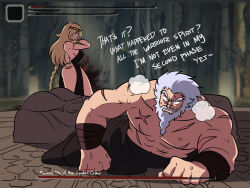 Rule 34 | 1boy, 1girl, arm wrap, black dress, blonde hair, braid, braided beard, breasts, dress, elden ring, english text, facial hair, godfrey first elden lord, highres, large breasts, loincloth, long hair, multiple scars, muscular, muscular female, queen marika the eternal, revealing clothes, scar, sideboob, thighs, tina fate, user interface, white hair