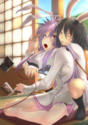 Rule 34 | 2girls, barefoot, blush, book, closed eyes, female focus, grin, hug, hug from behind, inaba tewi, long hair, looking back, mossari poteto, multiple girls, open mouth, reisen udongein inaba, short hair, skirt, smile, string, string of fate, surprised, touhou