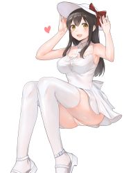 Rule 34 | 10s, 1girl, adjusting clothes, adjusting headwear, akagi (kancolle), blush, bow, breasts, brown eyes, brown hair, dress, fukuroumori, hat, hat bow, heart, highres, kantai collection, long hair, medium breasts, open mouth, panties, sandals, short dress, simple background, sleeveless, smile, solo, thighhighs, underwear, white background, white dress, white panties, white thighhighs
