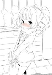 Rule 34 | 1girl, bag, blush, breath, from above, idolmaster, idolmaster (classic), kanya pyi, lineart, looking at viewer, monochrome, partially colored, pov, scarf, shopping bag, solo, spot color, takatsuki yayoi, twintails, v arms, walking, winter, winter clothes