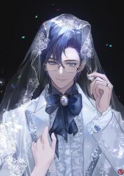 Rule 34 | 1boy, black background, black bow, black bowtie, blue eyes, blue gemstone, blue hair, bow, bowtie, bridal veil, brooch, buttoned cuffs, buttons, center frills, clarence clayden, closed mouth, curtained hair, dark blue hair, frilled sleeves, frills, gem, glasses, groom, hair between eyes, hand on headwear, hand up, jacket, jewelry, lapels, light particles, long sleeves, looking at viewer, lovebrush chronicles, male focus, mole, mole under eye, open clothes, open jacket, out of frame, peaked lapels, pov, pov hands, ring, shirt, short hair, smile, solo, upper body, veil, wedding ring, white gemstone, white jacket, white shirt, xuedaixun