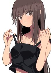 Rule 34 | 1girl, bare arms, bare shoulders, black camisole, blush, breasts, brown eyes, brown hair, camisole, collarbone, hair between eyes, head tilt, hinomaru (futagun), long hair, looking at viewer, medium breasts, original, parted lips, pulling own clothes, simple background, solo, strap pull, upper body, very long hair, white background