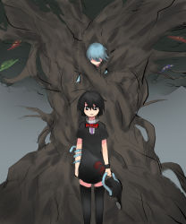 Rule 34 | 2girls, black dress, black eyes, black hair, black legwear, blue hair, bow, bowtie, bright pupils, center frills, commentary request, cookie (touhou), dress, feet out of frame, frilled dress, frills, gaburin, grey background, highres, holding, holding watering can, houjuu nue, in tree, looking at viewer, meimei (cookie), mioto (cookie), multiple girls, open mouth, red bow, red bowtie, short dress, short hair, short sleeves, snake, tatara kogasa, thighhighs, touhou, tree, ufo, watering can, white pupils