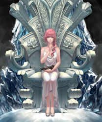 Rule 34 | 10s, 1girl, absurdres, animal, bird, blue eyes, breasts, cleavage, closed mouth, dress, final fantasy, final fantasy xiii, finger to mouth, full body, highres, lightning farron, long hair, looking at viewer, medium breasts, pink hair, relear, resized, revision, shoes, sitting, sleeveless, sleeveless dress, spaghetti strap, throne, white dress, white footwear