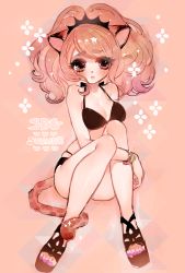 Rule 34 | 1girl, animal ears, bad id, bad pixiv id, bare legs, big hair, bikini, black bikini, blonde hair, blush, bracelet, breasts, citti (show by rock!!), closed mouth, copyright request, embarrassed, heart, jewelry, lion ears, lion tail, looking at viewer, mamaloni, medium breasts, nail polish, pink nails, ponytail, red eyes, show by rock!!, sitting, skindentation, solo, sweatdrop, swimsuit, tail, toenail polish, toenails