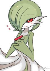 Rule 34 | 1girl, artist name, blush, blush stickers, bob cut, breasts, colored skin, creatures (company), female focus, game freak, gardevoir, gen 3 pokemon, green hair, green skin, hair over one eye, half-closed eyes, hands up, happy, heart, highres, interlocked fingers, looking at viewer, multicolored skin, nintendo, open mouth, own hands together, pokemon, pokemon (creature), red eyes, short hair, signature, simple background, small breasts, smile, soda (pixiv 33669146), solo, standing, two-tone skin, white background, white skin