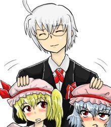 Rule 34 | 1boy, 2girls, ahoge, alternate costume, blush, closed eyes, embarrassed, enokuma uuta, fang, flandre scarlet, hand on another&#039;s head, headpat, lowres, morichika rinnosuke, multiple girls, open mouth, remilia scarlet, simple background, smile, touhou, white background