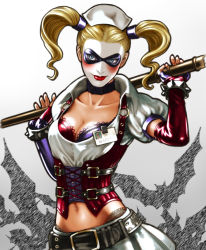 Rule 34 | 1girl, asymmetrical gloves, asymmetrical sleeves, batman (series), belt, blonde hair, blue eyes, breasts, choker, cleavage, collarbone, corset, dc comics, detached sleeves, fingerless gloves, gloves, grey background, grey skirt, harley quinn, hat, holding, holding weapon, lipstick, long hair, long sleeves, makeup, medium breasts, midriff, miniskirt, navel, nurse cap, pleated skirt, purple gloves, red gloves, red lips, red sleeves, shirt, short sleeves, skirt, solo, standing, stomach, suyu38, twintails, uneven gloves, uneven sleeves, weapon, white shirt