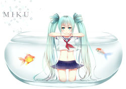 Rule 34 | 1girl, absurdly long hair, absurdres, barefoot, blue bow, blue eyes, blue hair, blue skirt, bow, character name, clothes lift, fish, floating hair, goldfish, hair bow, hatsune miku, head rest, highres, kneeling, long hair, looking at viewer, midriff, miniskirt, navel, neckerchief, partially submerged, pleated skirt, red neckerchief, rhode, sailor collar, school uniform, serafuku, shirt, shirt lift, short sleeves, signature, simple background, skirt, skirt lift, smile, solo, stomach, striped, striped bow, twintails, very long hair, vocaloid, water, white background, white sailor collar, white shirt