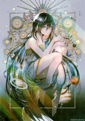 Rule 34 | 1girl, bare arms, bare shoulders, barefoot, black hair, brown hair, closed mouth, commentary request, commission, constellation, dress, grey background, grey dress, hair between eyes, highres, long hair, original, pixiv commission, planet, planetary ring, purple eyes, solo, strapless, strapless dress, very long hair, yellow eyes, yuu (arcadia)