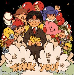 Rule 34 | animal crossing, artist request, balloon, balloon fight, banana, black hair, blonde hair, blue pikmin, butterfly net, controller, creatures (company), earth (planet), english text, flower, food, formal, fruit, game controller, game freak, gen 1 pokemon, glasses, globe, hand net, hat, iwata satoru, kirby, kirby (series), link, lololo (kirby), looking at viewer, mother (game), mother 2, multiple boys, mushroom, necktie, ness (mother 2), nintendo, olimar, pikachu, pikmin (creature), pikmin (series), planet, pokemon, pokemon (creature), power-up, red pikmin, sky, smile, star (sky), suit, super smash bros., thank you, the legend of zelda, the legend of zelda: the wind waker, toon link, villager (animal crossing), wii remote, yellow pikmin