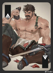 Rule 34 | 1boy, abs, autumn leaves, bara, beard stubble, boots, brown hair, brown theme, bulge, card (medium), cleft chin, facial hair, highres, knee up, large pectorals, male focus, mature male, muscular, muscular male, navel, nipples, open overalls, original, pectorals, solo, stubble, sweat, thick eyebrows, thick mustache, tooboshoo, topless male