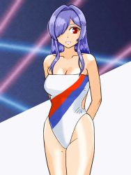 Rule 34 | :d, alternate costume, azur lane, blurry, blurry background, breasts, cleavage, minato yakei, mole, mole on thigh, multicolored background, one-piece swimsuit, open mouth, purple hair, red eyes, skindentation, smile, swimsuit, tagme, trento (azur lane)