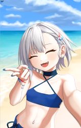 Rule 34 | 1girl, :d, absurdres, bare arms, bare shoulders, beach, bikini, blue bikini, blue nails, blue sky, blue wristband, closed eyes, collarbone, day, earrings, fang, flat chest, grey hair, hair ornament, hairclip, halterneck, hand up, highres, horizon, jewelry, looking at viewer, nail polish, navel, navel piercing, ocean, open mouth, piercing, reaching, reaching towards viewer, red wristband, rurine luna, sand, selfie, short hair, side-tie bikini bottom, sky, smile, solo, star (symbol), star hair ornament, stomach, swimsuit, tongue, upper body, v, virtual youtuber, wactor production, wristband, yof (sc gazer)