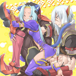 Rule 34 | 1boy, 1girl, abs, animal ears, anklet, arumat p. thanatos, bad id, bad pixiv id, blue hair, boots, cat ears, cat tail, closed eyes, ear covers, hand on another&#039;s head, head grab, jewelry, knee boots, meracle chamlotte, scar, sexually suggestive, silver hair, snow akira, star ocean, star ocean the last hope, stirrup legwear, tail, thighhighs, toeless legwear, yellow background, yellow eyes