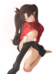 Rule 34 | 1girl, absurdres, black ribbon, blue eyes, blush, brown hair, dressing, fate/stay night, fate (series), hair ribbon, highres, long hair, naya (pxy0ff6cedzdgs8), red sweater, revision, ribbon, simple background, sitting, skirt, solo, sweat, sweater, thighhighs, tohsaka rin, two side up, v-shaped eyebrows