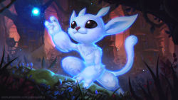 Rule 34 | absurdres, animal ears, black eyes, commentary, english commentary, flower, forest, glowing, hand up, highres, joaowbenfica, mushroom, nature, no humans, ori (ori and the blind forest), ori and the blind forest, outdoors, smile, solo, tail, tree
