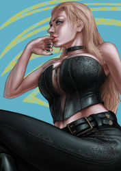Rule 34 | 1girl, bare shoulders, blonde hair, blue eyes, breasts, capcom, cleavage, corset, devil may cry (series), highres, large breasts, long hair, navel, trish (devil may cry)