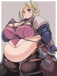 Rule 34 | 1girl, absurdres, belly, big belly, blonde hair, blue eyes, blush, braid, breasts, cleavage, cleavage cutout, clothing cutout, commission, crop top, fat, fat rolls, final fantasy, final fantasy xiv, highres, huge breasts, hyur, kurokaze no sora, large breasts, midriff, minfilia warde, obese, obese female, pantyhose, short ponytail, skeb commission, solo, sweatdrop