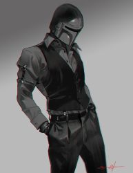 Rule 34 | 1boy, alternate costume, belt, collared shirt, commentary, din djarin, english commentary, gloves, greyscale, hands in pockets, helmet, leaning back, looking down, male focus, mandalorian, monochrome, sarah stone, shirt, signature, solo, spot color, star wars, the mandalorian, vest